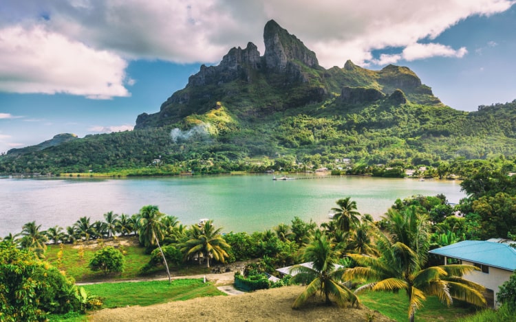 A photo taken from a hill on Bora Bora with views of palm trees, the sea, and a volcano in the distance under a blue sky with white clouds