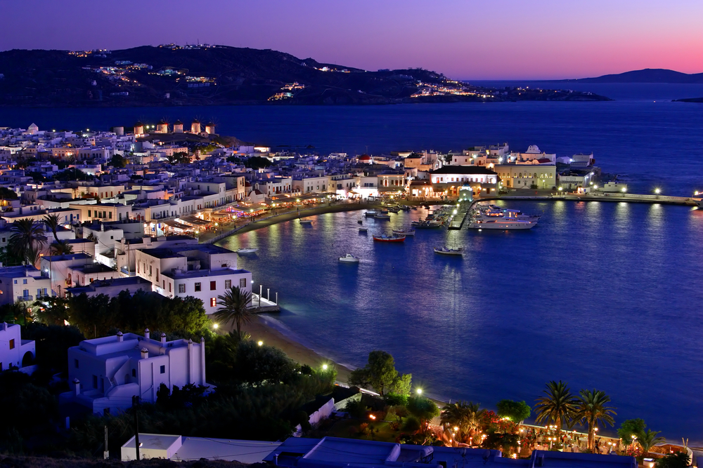 Evening view of Mykonos port with boats