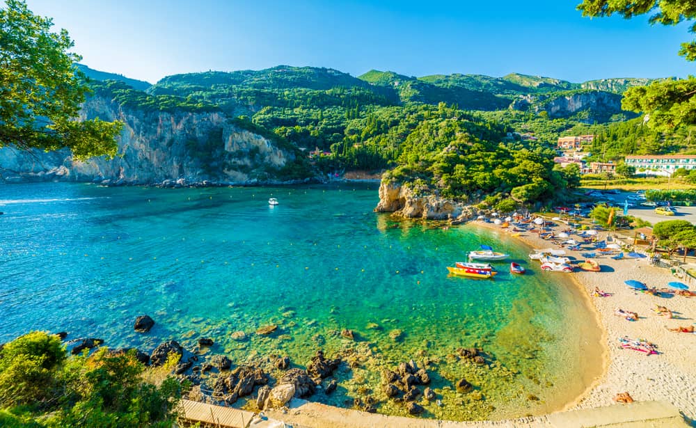 Beach with boats in Paleokastritsa, Corfu