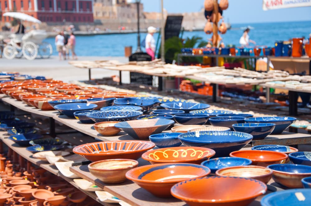 Greek pottery shop in Chania’s harbour, Crete