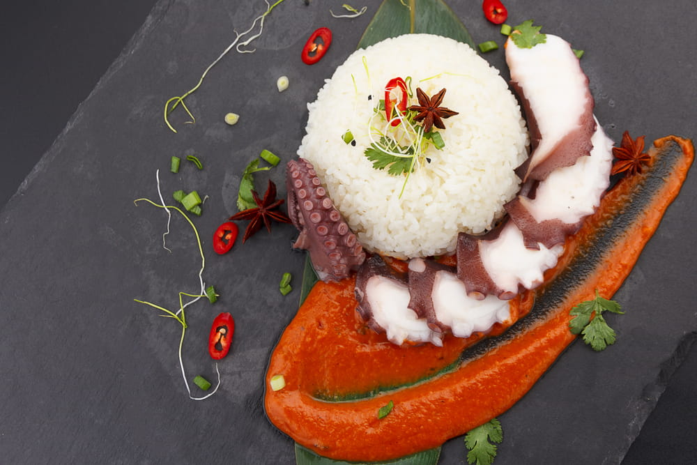 Rice with octopus and curry sauce on slate plate