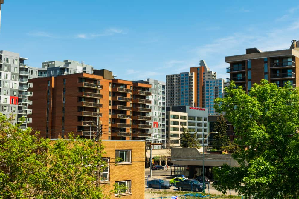 View of the Beltline neighbourhood in downtown Calgary with trees