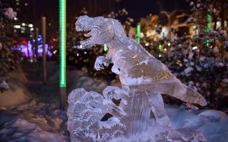 An ice sculpture of a T-Rex.