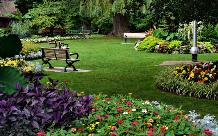 A park with healthy green grass, three benches, trees, and flower beds with red, white, yellow, and orange flowers.
