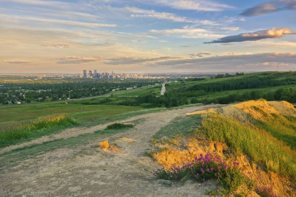 Sunset sky and scenic landscape view of Downtown Calgary Alberta City Centre and Prairie Natural Grassland from Nose Hill Park