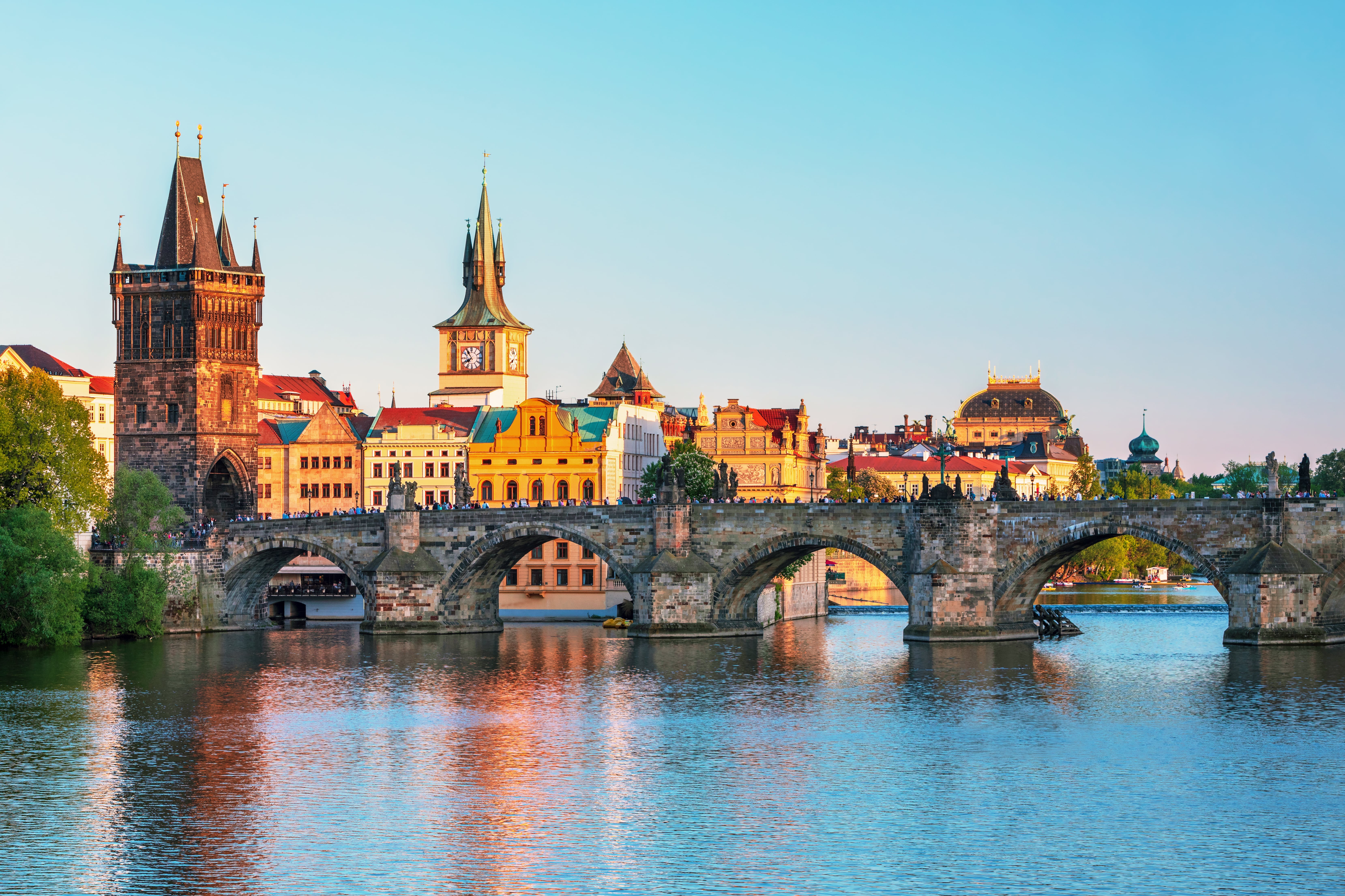 Picture of the Charles Bridge over the river Vltava in Prague at Sunset