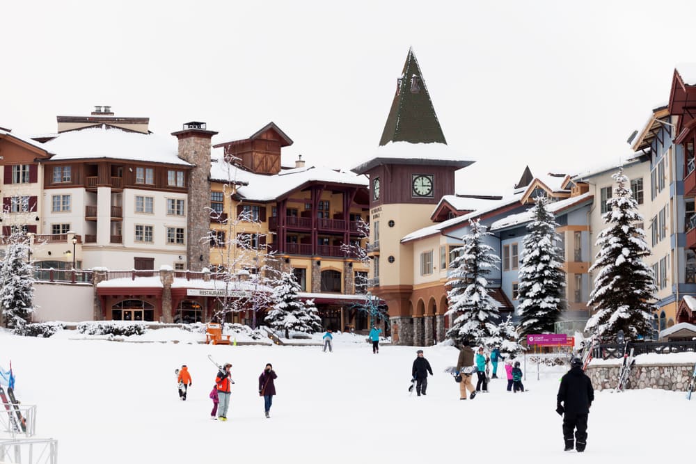 People wandering in front of some buildings with a few snowy trees dotted around