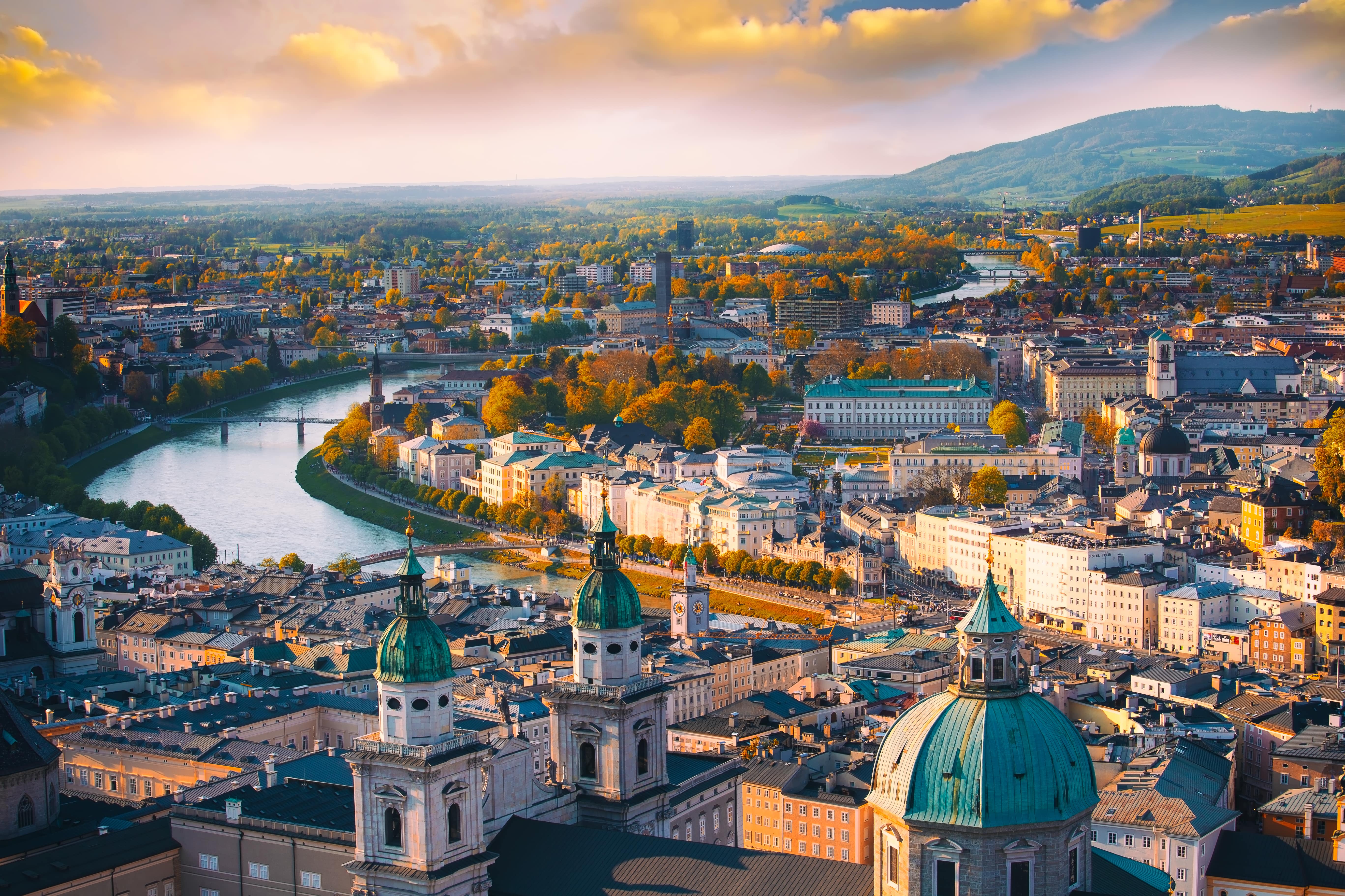 Picture overlooking the city of Vienna with gothic Austrian architecture and the river Danube in the background
