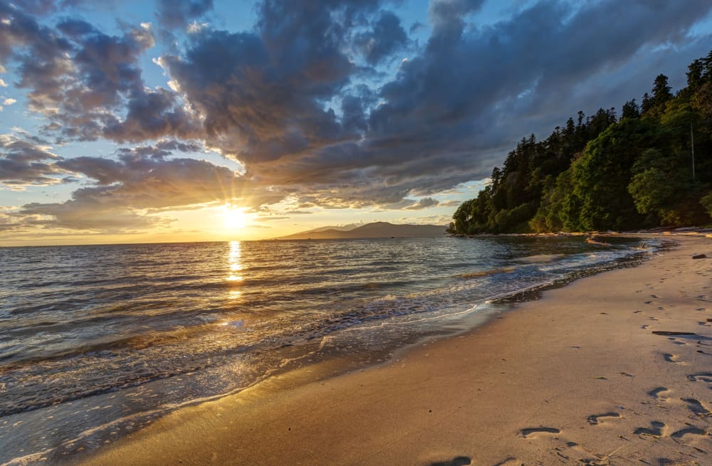 Sunset view from Wreck Beach with trees on the right