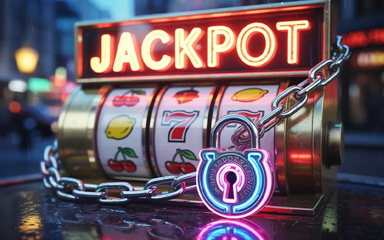 Neon Jackpot slot machine with a lock and chain in the background