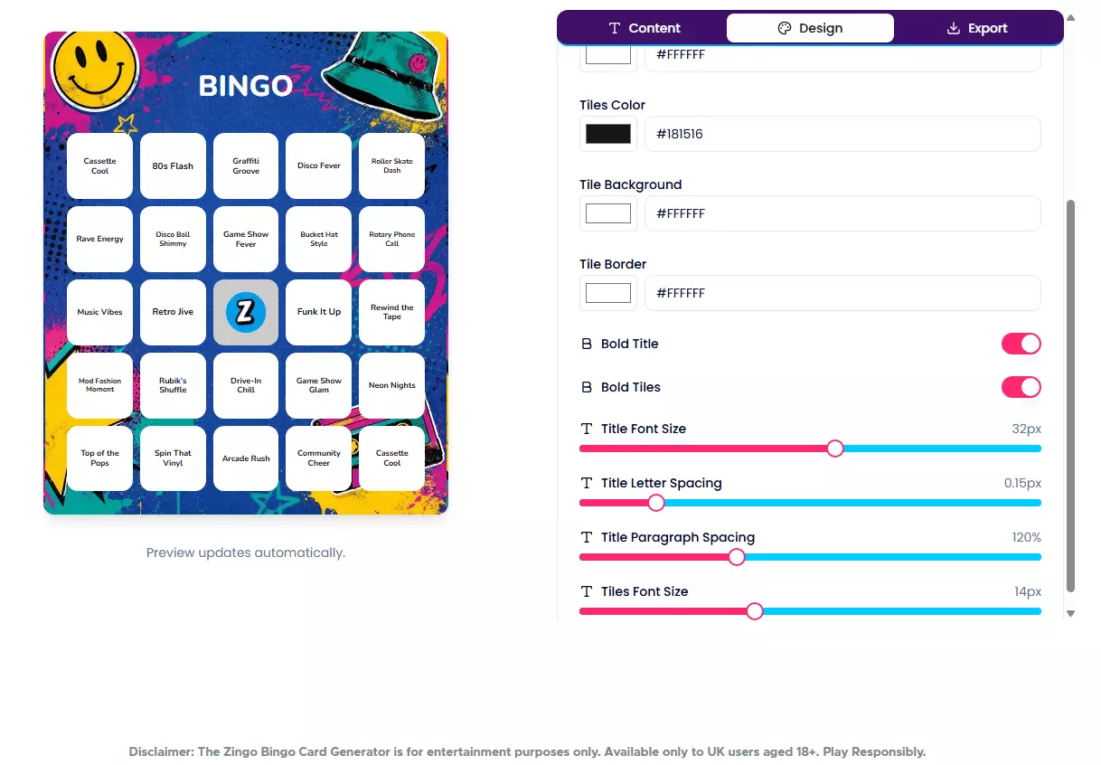 Zingo Bingo Card Generator Preview for 90s Reloaded Theme
